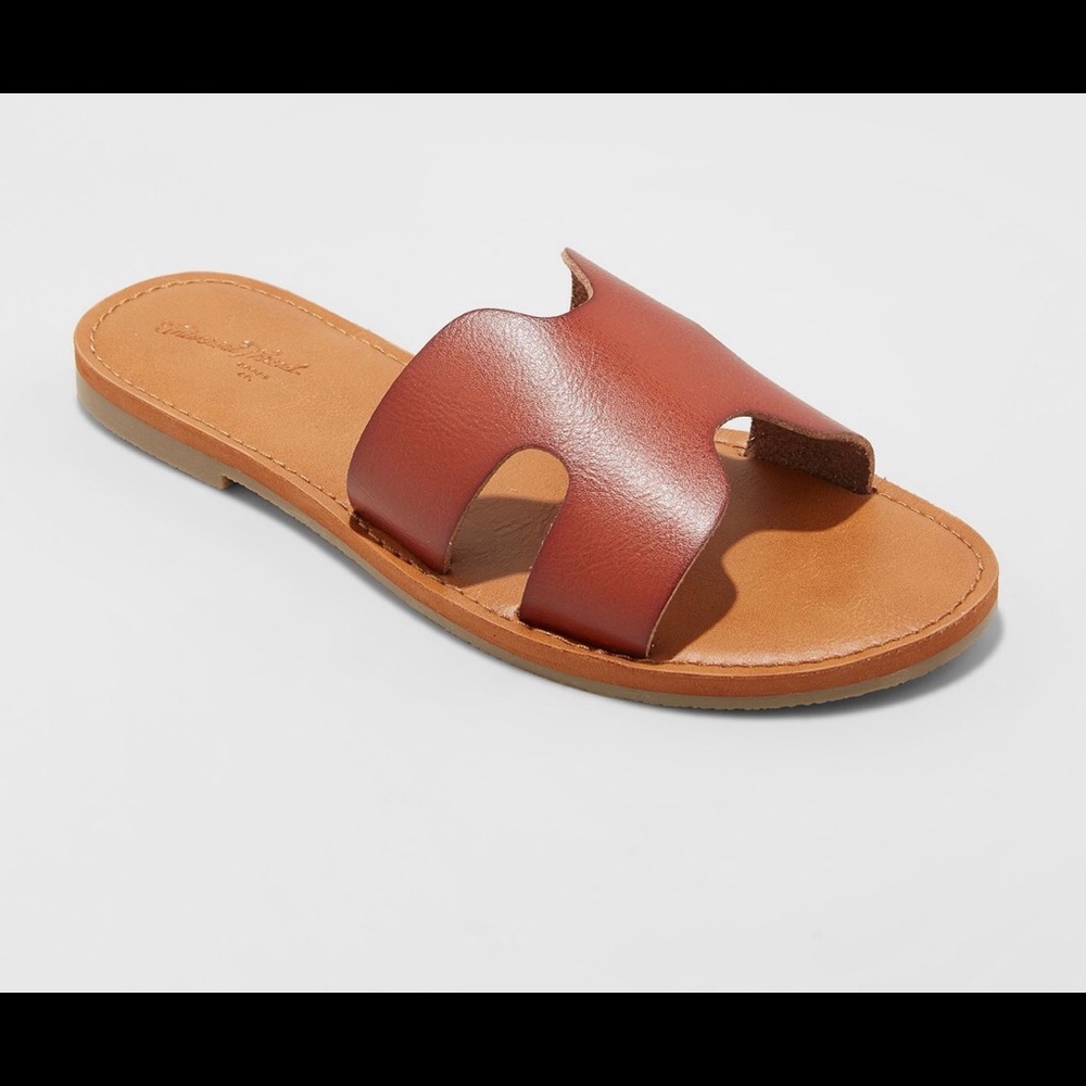 Brown vegan leather slides